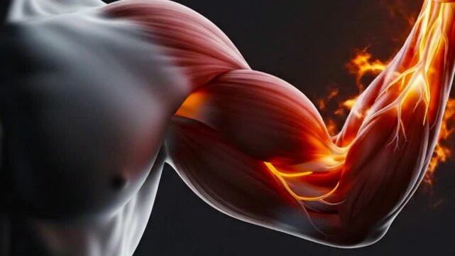 Close up view of muscular arm and shoulder with visible muscle fibers on a dark background