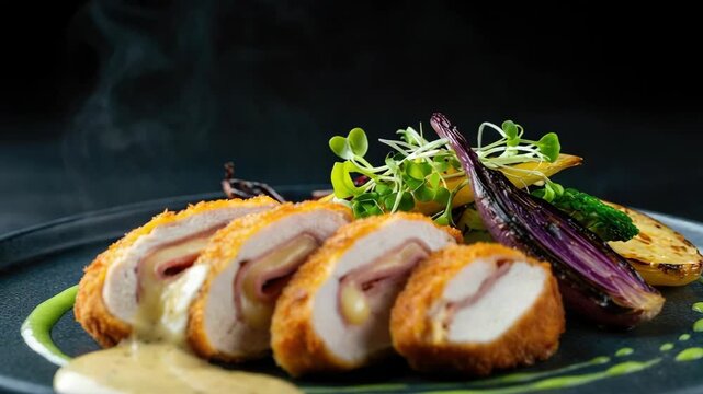 Sliced chicken cordon bleu with vegetables and steam on black plate