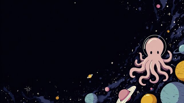 Cute Octopus Astronaut Floating in Space Among Pastel Planets and a Huge Nebula