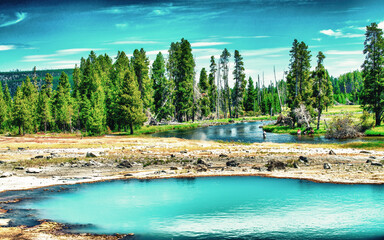 Black Diamond Pool Geysers at Yellowstone National Park. Biscuit Basin Trail