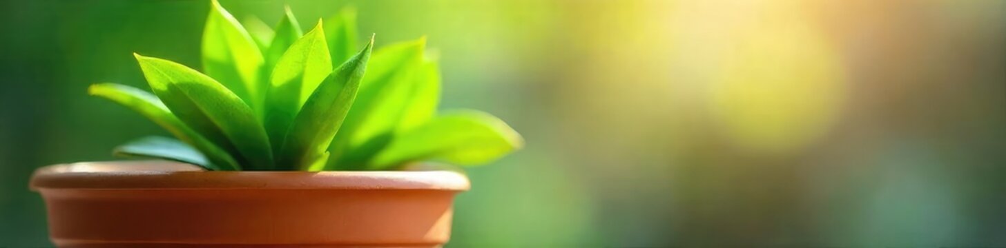 Fototapeta A vibrant green potted plant thrives in a terracotta pot, its lush leaves reaching towards the sunlight Perfect for home decor, gardening, or springtime themes , soil, flowerpot, leaves