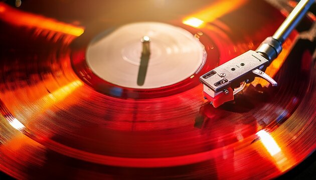 warm nostalgic glow on a spinning red vinyl record as the turntable needle plays a classic melody - Powered by Adobe