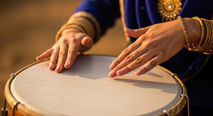 Musician's hands playing a dhol captured in the moment of striking the drum  