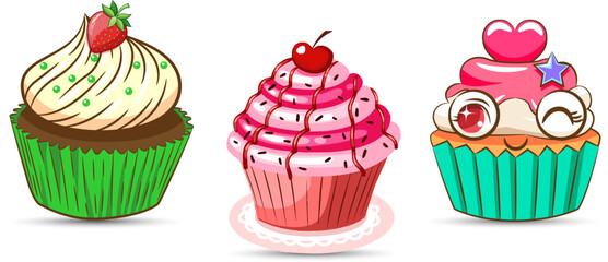 A collection of sweet cupcakes with whipped cream and berries