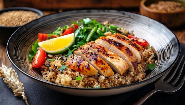 savor the vibrant flavors of this healthy grilled chicken and quinoa bowl a delightful culinary experience perfectly presented for a sophisticated lunch or dinner