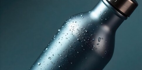 Close-up of a sleek, reusable water bottle made of stainless steel, condensation visible on its surface  Perfect for hydration on the go, gym, or outdoor adventures ,  drinkware,  picnic,  steel