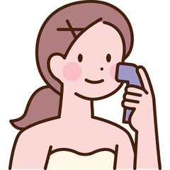 Young Woman Performing Facial Skincare Treatment with a Small Device on Her Cheek in Soft Lighting Against a Transparent Background