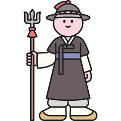 Stylized Cartoon of a Korean Royal Guard Holding a Trident in Traditional Attire with a Transparent Background