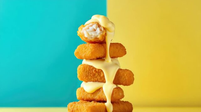 Stack of crispy fish sticks with creamy cheese sauce on colorful background