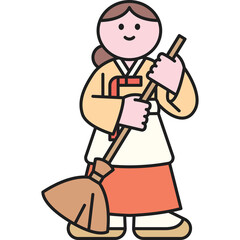 Woman in Traditional Korean Hanbok Outfit Holding a Broom for Cleaning on a Transparent Background