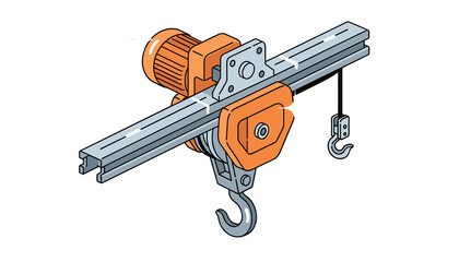 Electric hoist system in clean vector style, orange and gray colors, industrial lifting