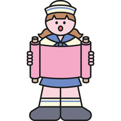 Stylized Cartoon Girl Character Wearing Sailor Outfit Holding a Pink Scroll With Open Mouth Against Transparent Background