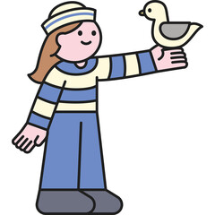 Young Person in Nautical Outfit Holding a Seagull with a Friendly Expression and Transparent Background Minimalist Style