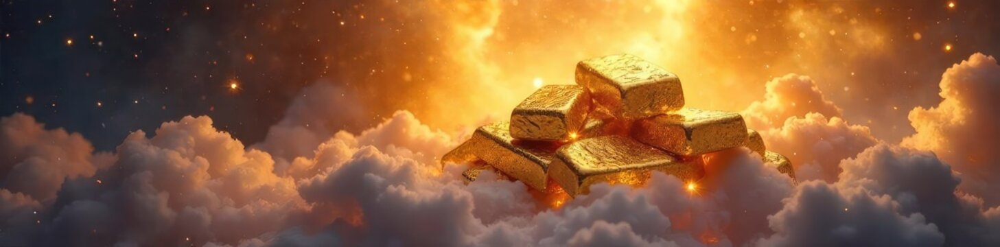 Gleaming golden ingots, radiating ethereal light, rest on a cloud of swirling nebulae A celestial representation of divine wealth and power , luxury, shine, stars