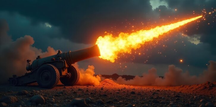 Gleaming golden projectile, freshly fired from a cannon, arcs across a dramatic, dark sky Sparks and smoke trail behind it, capturing the energy of its forceful launch , light, detail