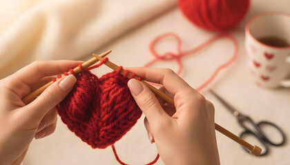 Cute Warm Valentine-themed scene showing hands knitting a soft red heart. Yarn, cozy light, and decorative hearts create a romantic, handmade atmosphere perfect for love, gifting, holiday concepts.