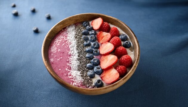 indulge in this vibrant and healthy berry smoothie bowl artfully adorned with fresh raspberries blueberries slices chia seeds and coconut flakes a delightful feast for the senses