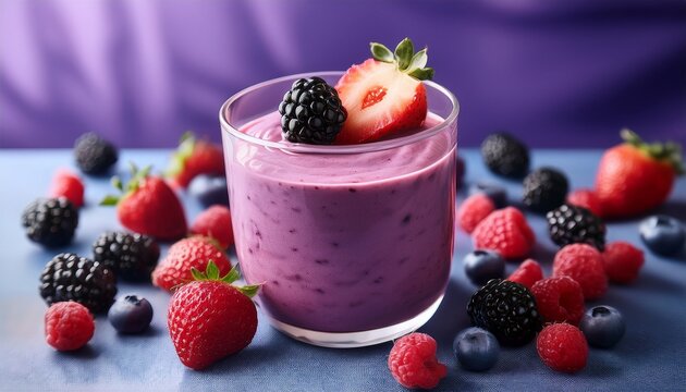 indulge in a vibrant swirl of creamy purple berry smoothie adorned with fresh raspberries blackberries and strawberries a delightful healthy breakfast or snack