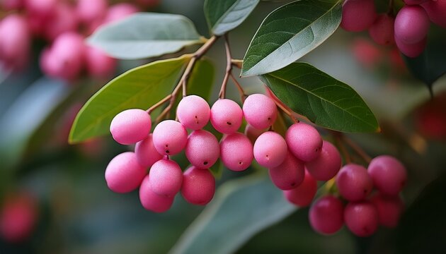 close up of vibrant pink berries on a leafy branch - Powered by Adobe