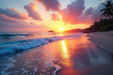 Serene beach scene at sunset, waves gently lapping the shore, perfect for relaxation and stress relief Ideal for calming imagery , meditation, beach