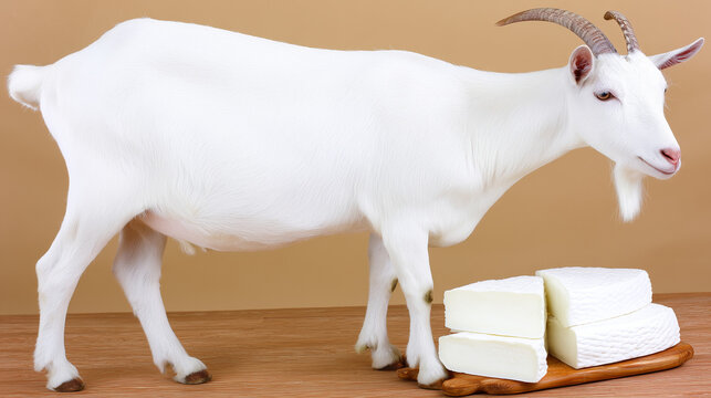 White goat with horns stands on a wooden table next to pieces of fresh goat cheese. Beige background. Concept of agriculture, natural products, farming, and dairy.