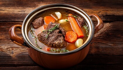 rich beef bone broth simmered with roasted carrots onions garlic and aromatic spices in a rustic pot on a wooden surface overhead shot close up macro