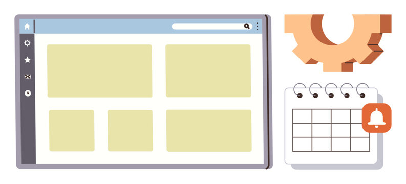 Browser window with widgets, calendar with notification, and gear icon. Ideal for workflow, organization, productivity, planning, task management user interface and settings. Simplified flat