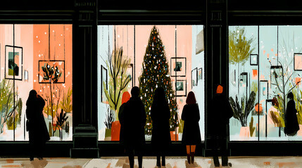 People admiring a Christmas tree in a shop window, illustration. Silhouettes of people gather to gaze at a decorated Christmas tree in a shop window, creating a festive scene. Wintertime holiday.