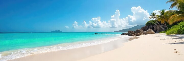Obraz premium Sun-drenched beach scene with fine, white sand gently sloping to a turquoise ocean Perfect for travel, vacation, or summer themes Idyllic coastal landscape , waves, bright