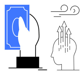 Financial growth. financial growth through a cash symbol, upward arrows from a head silhouette, and wind-thumbs up elements signifying progress. Suitable for wealth management, investments, savings