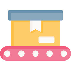 Yellow Cardboard Box Package on a Pink Conveyor Belt with Blue Top Bar in a Flat Design Style