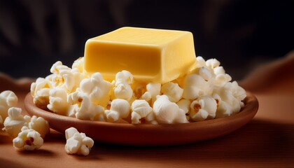 butter pat with popcorn minimalist close up