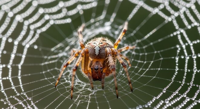 Close-up of a spider on its intricate web under morning light.