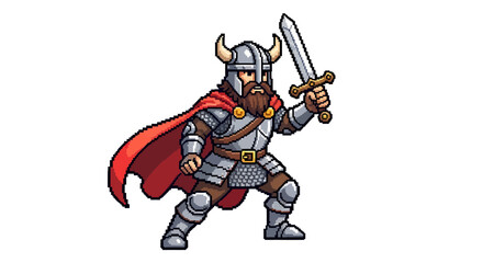 Fototapeta premium Pixel art medieval warrior with horned helmet and sword, ready for battle