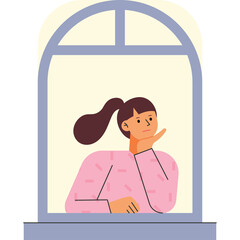Young woman with brown hair in ponytail wearing a pink patterned sweater looking out a window with a thoughtful expression isolated on a transparent background a feeling of contemplation and longing