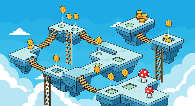 Playful retro game level design with whimsical floating islands, golden coins, and power-up mushrooms under a bright cloudy sky, inspiring digital adventures
