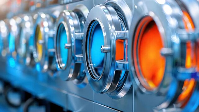 Industrial Laundry Machines: A close-up showcases a row of industrial laundry machines with circular portals, displaying vibrant hues of clothing within.