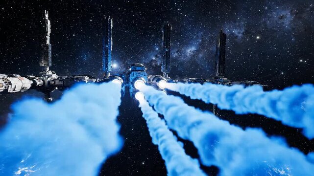 Futuristic Space Station Propulsion System Firing in Deep Space