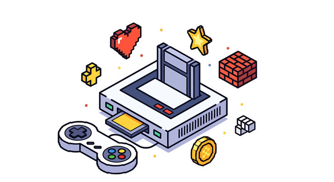 Retro gaming console with controller, cartridge, and pixelated elements, a nostalgic tribute to classic video games