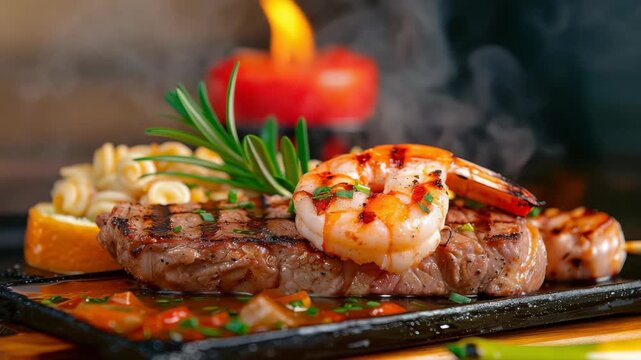 Gourmet Grill Platter: A tantalizing composition featuring a succulent grilled steak, complemented by a plump shrimp, pasta, and fragrant rosemary sprig. An ode to culinary artistry.