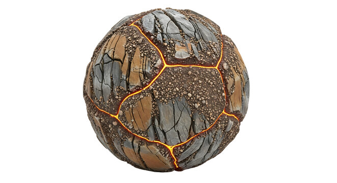 Cracked Sphere of Rocks, with Glowing Lava Veins, isolated on a transparent background, cutout, PNG