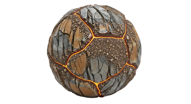 Cracked Sphere of Rocks, with Glowing Lava Veins, isolated on a transparent background, cutout, PNG