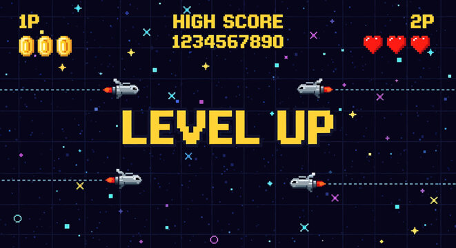 Retro arcade game 'LEVEL UP' screen with pixel art spaceship combat in a starry galaxy, showcasing player progress, high score, and remaining lives in a vibrant digital interface concept
