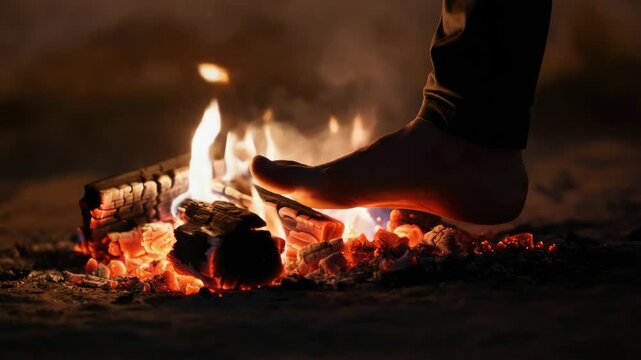 Close-up of person walking on hot coals, night firewalking ritual