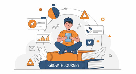 Young person sitting on stacked books, utilizing digital tools and data analysis for a focused personal and professional "Growth Journey."