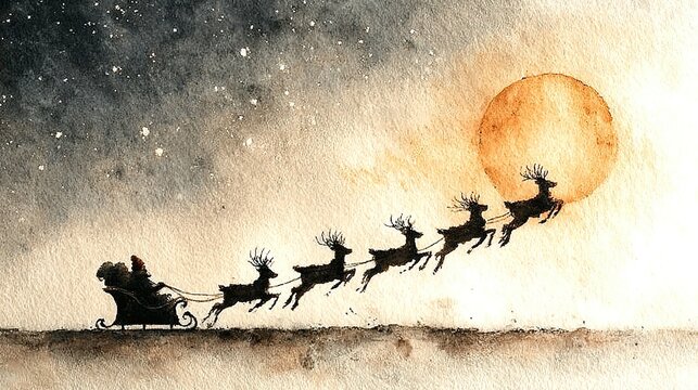 Santa Claus in sleigh with reindeer flying across night sky with moon.
