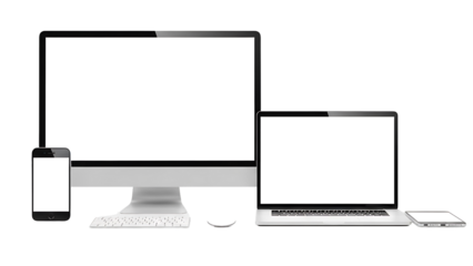 Collection of modern electronic device screens mockup with blank white space isolated on transparent background