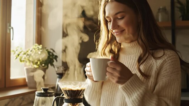 Young woman pouring hot coffee from glass pot into drip coffee maker on kitchen counter with cozy natural light and steam rising in warm sweater creating cozy beverage atmosphere