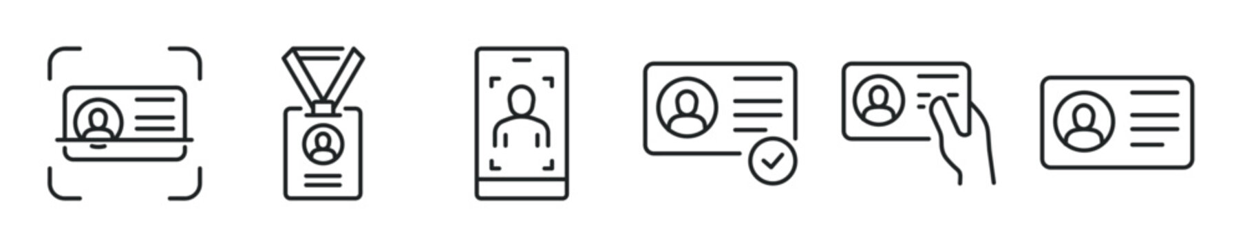 ID card thin line icon set. Web minimal editable stroke icons