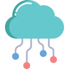 Teal Cloud Icon Representing Cloud Computing and Data Transfer with Connected Digital Nodes on a Transparent Background